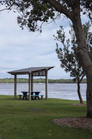Picnic facilities at Regatta Reserve on a cloudy day next to Richmond River in Ballina, Norther rivers region, New South Wales. Digital & Downloadable Image.
