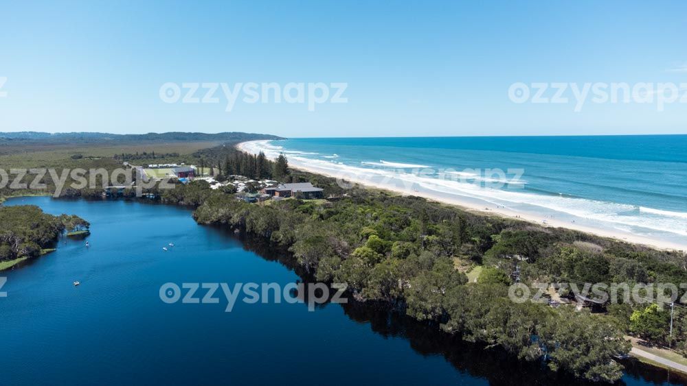 Lake Ainsworth and Seven Mile Beach Aerial View Lake Ainsworth and Seven Mile Beach beach in Lennox Head, including the Sports and recreation centre.