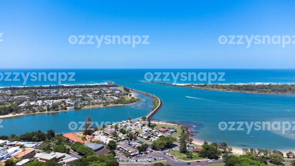 Aerial view of East Ballina and the Pacific Ocean Spectacular aerial shot from East Ballina showcasing Shaws Bay, Fenwick Foreshore, Richmond River's mouth, Lighthouse Beach and the North and South Walls of Ballina. You can easily spot Shaws Bay Hotel and Hill Street.