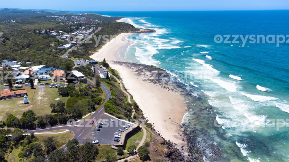 Shelly Beach & Ballina Head aerial view Beautiful aerial photo of Shelly Beach, showing the Richmond River Light and Ballina Head Lookout. You may also spot Beach Road, Harbourview Street, Suvla Street and Shelly Beach Road.