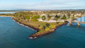 Stock image of aerial shot captured by a drone shows the stunning Missingham Park in Ballina, where the Richmond River and North Creek meet.