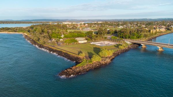 Stock image of aerial shot captured by a drone shows the stunning Missingham Park in Ballina, where the Richmond River and North Creek meet.