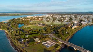 Stunning drone shot of Missingham Park and Sports Grounds in Ballina during sunrise.