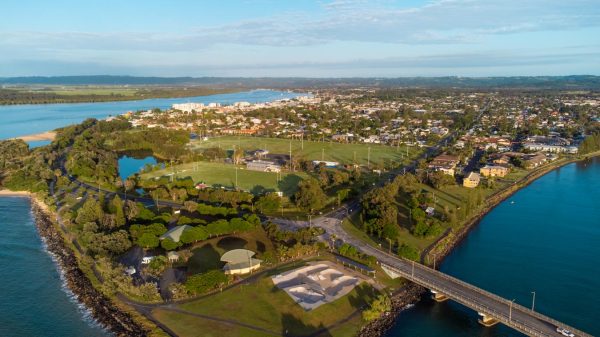 Stunning drone shot of Missingham Park and Sports Grounds in Ballina during sunrise.