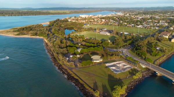 Stunning stock image of Missingham Park in Ballina, with an aerial view of the peaceful Richmond River and charming town in the background.