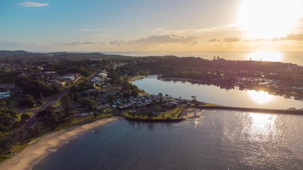 Aerial view that captures the beauty of Shaws Bay in Ballina from above during sunrise