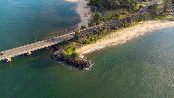 Stunning drone shot of Gawandii Beach and the iconic Missingham Bridge.
