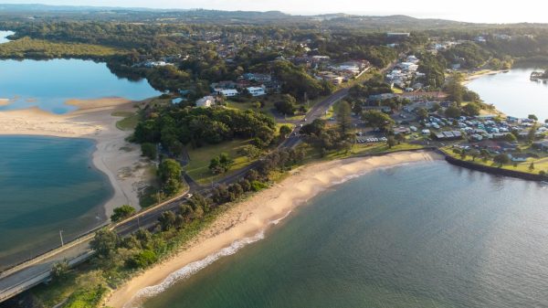 Stunning aerial shot of Gawandii Beach, along with North Creek, Missingham Bridge, Shaws Bay, and East Ballina.