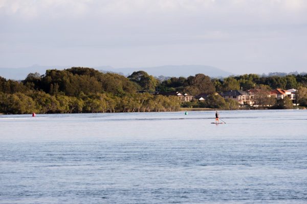 Stock image showcasing calm waters of North Creek in Ballina during sunrise while cruising on a stand-up paddle board.