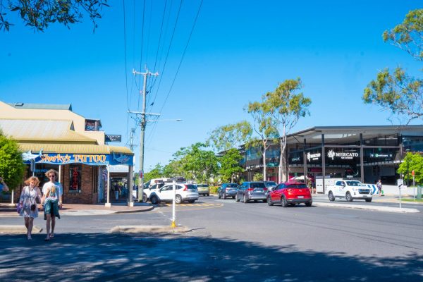 Jonson St and Carlyle St in the heart of Byron Bay's CBD. Download this stock image to showcase the atmosphere of this vibrant town centre.