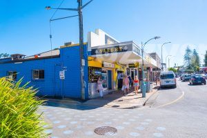 Download this colourful stock image of Jonson Street intersection in Byron Bay CBD. Capturing the city life, shops, pedestrians, and traffic.